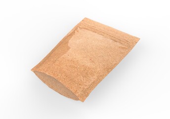 Kraft paper pouch mockup for tea, coffee, pulses, beans, cereals & corn flakes. Blank craft doy-pack mock up on isolated white background, 3d illustration 