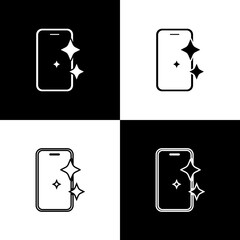 Set Glass screen protector for smartphone icon isolated on black and white background. Protective film for glass. Transparent soft glass for mobile phone. Vector.