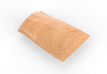 Kraft paper pouch mockup for tea, coffee, pulses, beans, cereals & corn flakes. Blank craft doy-pack mock up on isolated white background, 3d illustration 