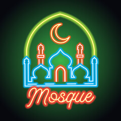 masjid or islamic centre neon sign for Muslims Pray. vector illustration