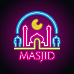 masjid or islamic centre neon sign for Muslims Pray. vector illustration