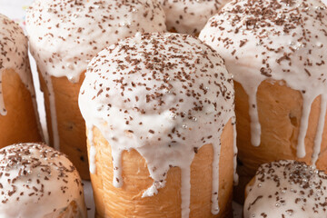 Orthodox Easter. Easter cakes. Traditional Kulich, Paska Easter Bread. Side view. Close up