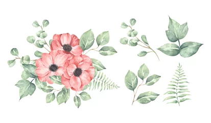 Möbelaufkleber Set of floral branch. Wedding concept with flowers. It's perfect for greeting cards, wedding invitation, birthday. Watercolor floral illustration. © Khaneeros