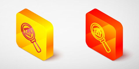 Isometric line Search house icon isolated on grey background. Real estate symbol of a house under magnifying glass. Yellow and orange square button. Vector.