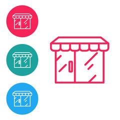 Red line Shopping building or market store icon isolated on white background. Shop construction. Set icons in circle buttons. Vector.