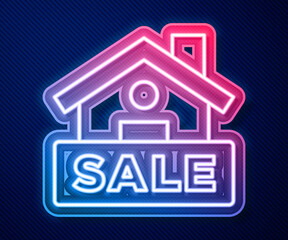 Glowing neon line Hanging sign with text Sale icon isolated on blue background. Signboard with text Sale. Vector.