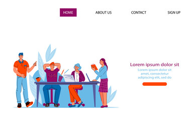 Business meeting or conference, brainstorming team website, cartoon vector.