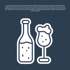 Blue line Beer bottle and glass icon isolated on blue background. Alcohol Drink symbol. Vector.