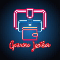 genuine leather neon sign for genuine leather leather store plank banner. vector illustration