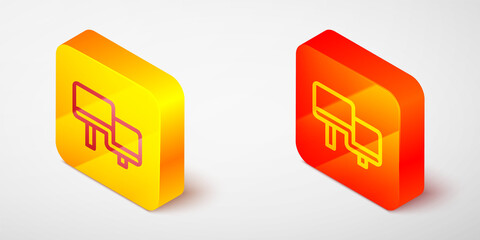 Isometric line Sauna wood bench icon isolated on grey background. Yellow and orange square button. Vector.
