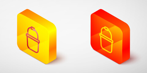 Isometric line Sauna bucket icon isolated on grey background. Yellow and orange square button. Vector.