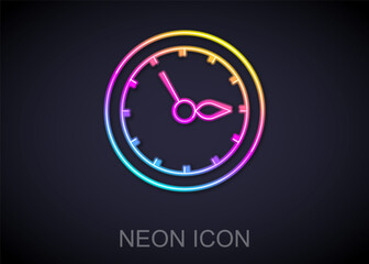 Glowing neon line Sauna clock icon isolated on black background. Sauna timer. Vector.