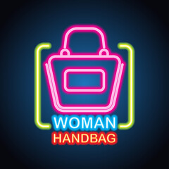 woman hand bag shop neon sign for woman bag shop and store plank banner. vector illustration