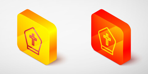 Isometric line Pope hat icon isolated on grey background. Christian hat sign. Yellow and orange square button. Vector.