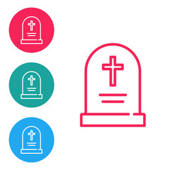 Red line Tombstone with cross icon isolated on white background. Grave icon. Happy Halloween party. Set icons in circle buttons. Vector.