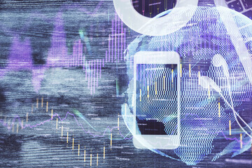 Double exposure of forex chart hologram over desktop with phone. Top view. Mobile trade platform concept.