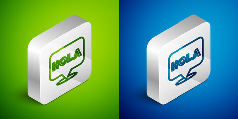Isometric line Hola icon isolated on green and blue background. Silver square button. Vector. © vector_v