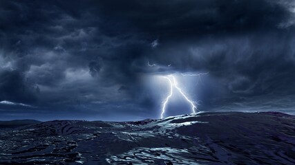 A stormy night on an unexplored planet. Bright lightning striking the shiny surface of an extraterrestrial planet against the background of the night stormy sky. 3D illustration.