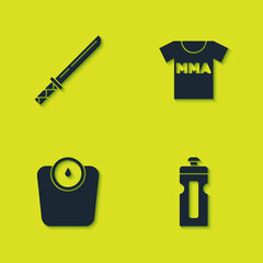 Set Japanese katana, Fitness shaker, Bathroom scales and T-shirt with fight club MMA icon. Vector.