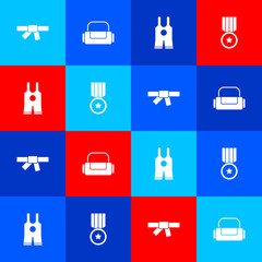 Set Black karate belt, Sport bag, Wrestling singlet and Medal icon. Vector.