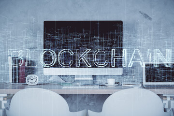 Double exposure of crypto technology theme drawing and office interior background. Concept of...