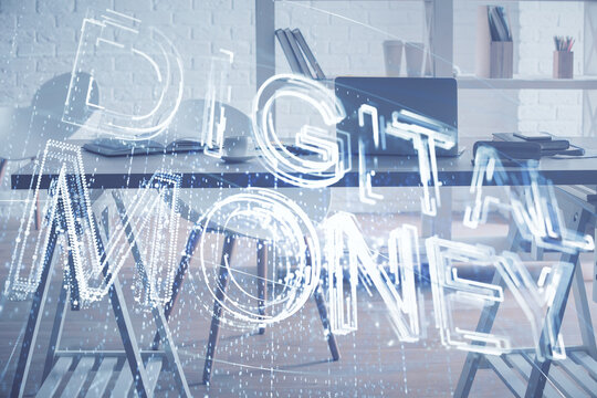 Double exposure of crypto technology theme drawing and office interior background. Concept of blockchain.