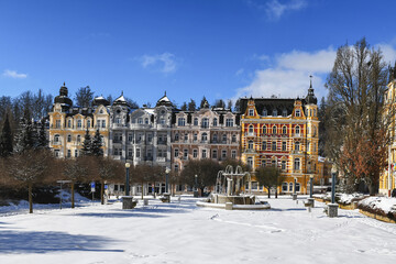 Spa architecture in winter with snow - Marianske Lazne (Marienbad) - great famous Bohemian spa town in the west part of the Czech Republic (region Karlovy Vary), Europe