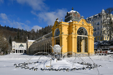 Great Czech spa town Marianske Lazne (Marienbad) in winter - colonnade, fountain and pavilion of...
