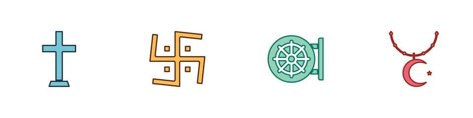 Set Christian cross, Hindu swastika, Dharma wheel and Star and crescent on chain icon. Vector.