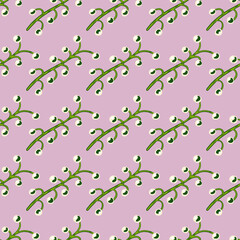 Green colored berry branches silhouettes seamless doodle pattern. Pastel purple background. Simple design.