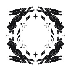 Vector illustration of a rabbit with floral elements, linocut style. © ekaterinarb