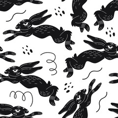 Seamless vector pattern with hand drawn rabbits. Linocut style