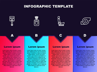 Set line Engine piston, Car key with remote, seat and Automotive turbocharger. Business infographic template. Vector.