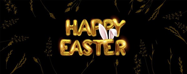 Happy Easter lettering background with realistic gold metal letters, glitter, bunny ears.Vector illustration with images on a black background.Greeting card, advertising, promotion, poster, flyer.