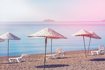 Bodrum Bitez Beach With Straw Umbrella - Aegean Sea. Retro Ä°mage