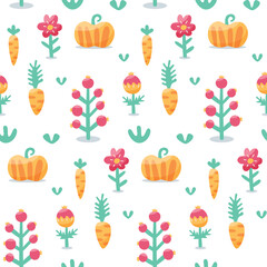 Cute floral seamless pattern with vegetables, pumpkin, carrot, flowers, berries and plants