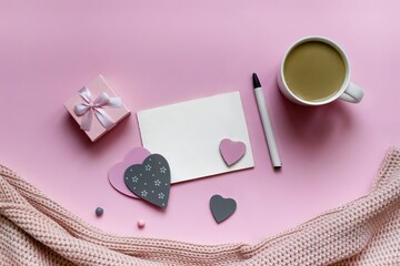 Valentine's day background. Pink plaid with a cup of coffee with heart-shaped ornaments and a card for text on a pastel background. Flat lay, top view