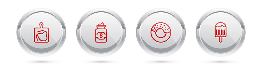 Set line Cutting board, Jar of sugar, Donut and Ice cream. Silver circle button. Vector.