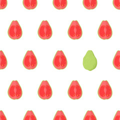 Eye catching seamless pattern with pink guava fruit cut in half with yellow seeds and one whole green. Nature food vector illustration. Organic textile. Healthy food on white background.