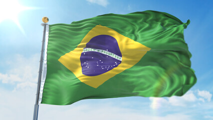 4k 3D Illustration of the waving flag on a pole of country Brazil