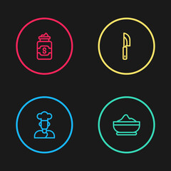 Set line Cook, Flour bowl, Knife and Jar of sugar icon. Vector.
