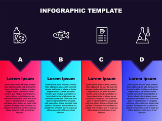 Set line Beer bottle, Dried fish, menu and Cold beer. Business infographic template. Vector.