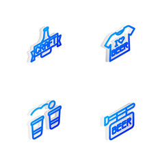 Set Isometric line Beer T-shirt, bottle, pong game and Street signboard with icon. Vector.