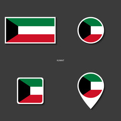 Kuwait flag icon set in different shape (rectangle circle square and marker icon ) on dark grey background. Kuwait, officially the State of Kuwait, is a country in Western Asia.