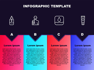 Set line Essential oil bottle, Man in the sauna, Water drop and Cream or lotion cosmetic tube. Business infographic template. Vector.