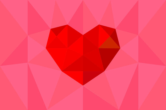 Valentines Day Geometric Polygonal Background, red and pink Triangles shaped as heart