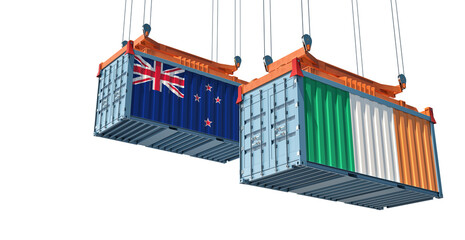 Freight containers with New Zealand and Ireland flag. 3D Rendering 
