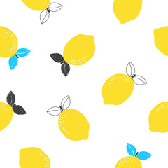 Seamless pattern with lemon fruit on white background. Vector illustration for printing on clothing, packaging paper, postcards, posters, banners. Cute baby background.