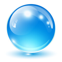 Glass sphere blue, vector shiny icon ball.