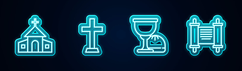 Set line Church building, Christian cross, Holy grail or chalice and Decree, paper, parchment, scroll. Glowing neon icon. Vector.